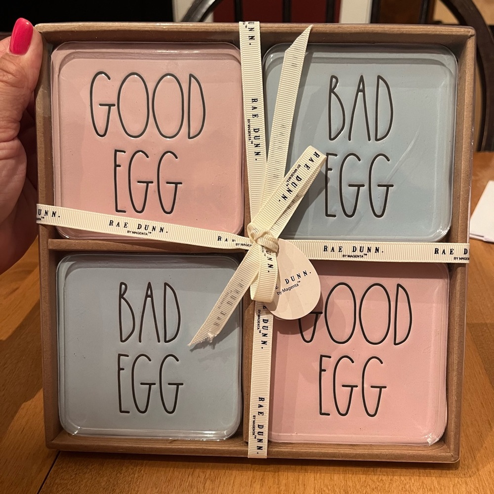 Rae Dunn GOOD EGG BAD EGG Light Pink and Light Blue Easter Coasters NEW!!